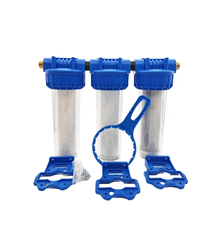 Triple porte filtre 9"3/4 - 20/27 avec cartouche 60 µm + 20µm + filtre 2 en 1 (CA + 5µm)