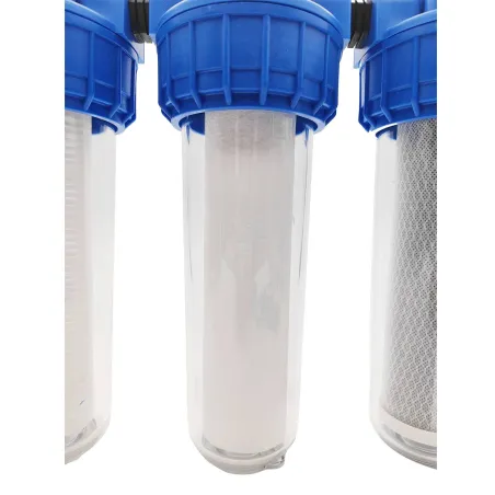 Triple porte filtre 9"3/4 - 20/27 avec cartouche 60 µm + 20µm + filtre 2 en 1 (CA + 5µm)