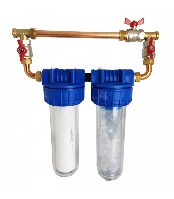 Double porte filtre à eau 93/4 - 20/27F bypass laiton + cartouche filtre  sédiment 20µm et Polyphosphate - Adoucisseur Eau
