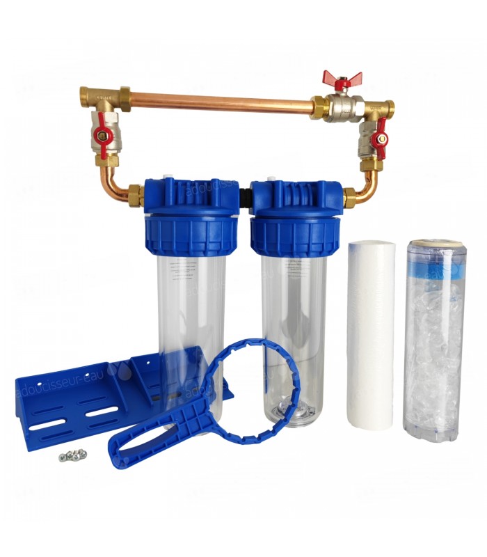 Double porte filtre à eau 93/4 - 20/27F bypass laiton + cartouche filtre  sédiment 20µm et Polyphosphate