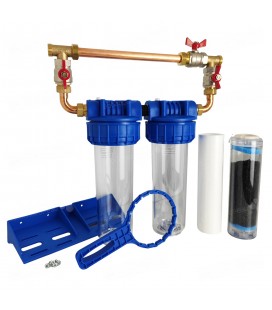 Double porte filtre à eau 9"3/4 - 20/27F bypass laiton + cartouche filtre sédiment 20µm et CA