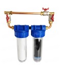 Double porte filtre à eau 9"3/4 - 20/27F bypass laiton + cartouche filtre sédiment 20µm et CA