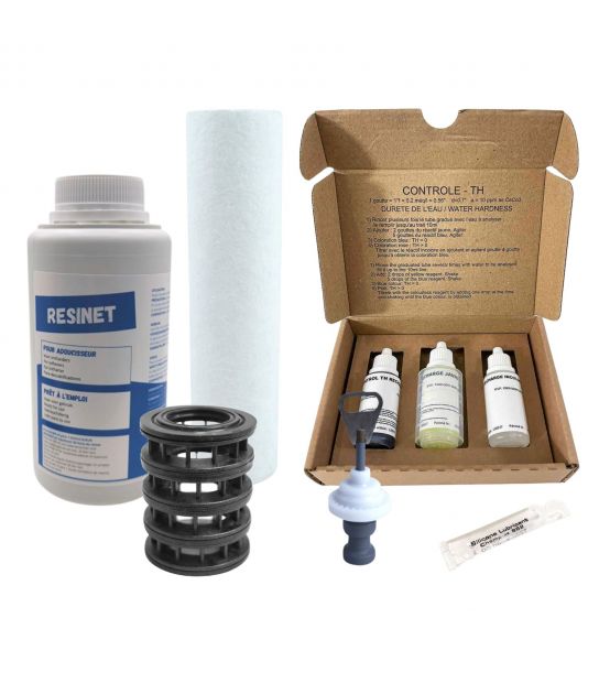 Kit Entretien Adoucisseur D'eau - Test TH Avec Nettoyant Résine Et Cartouche Microfibre 9"3/4