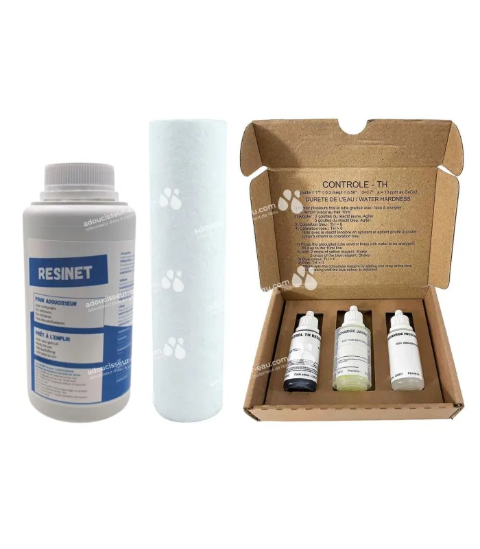 Kit Entretien Adoucisseur D'eau - Test TH avec Nettoyant Résine et Cartouche Microfibre 9"3/4