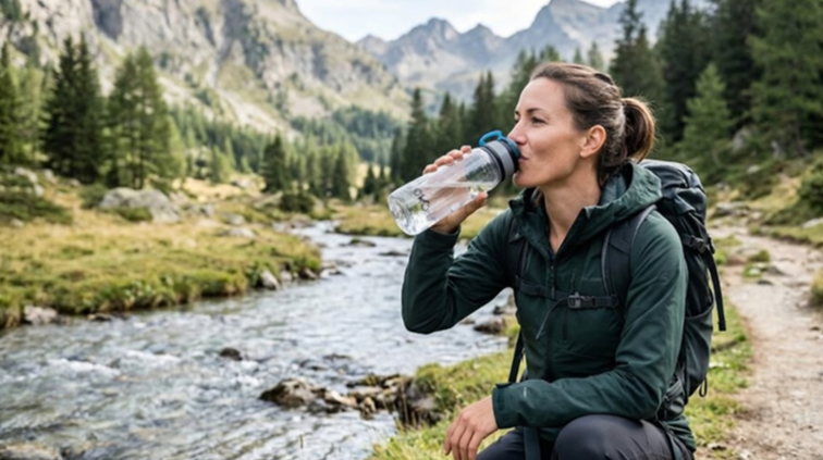 Gourde filtrante ÖKO utilisée en randonnée en montagne